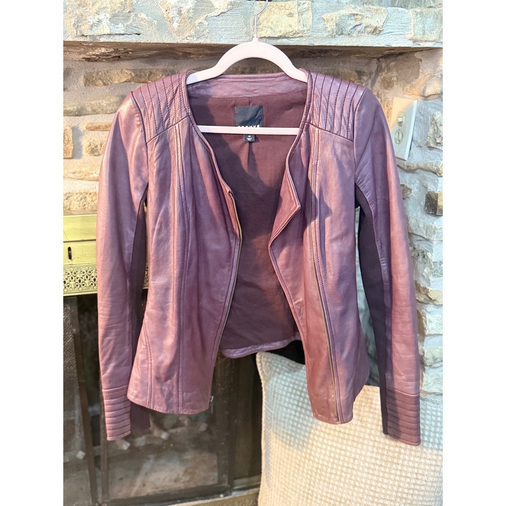Cute Leather Moto Jacket Plum Collarless Zip XS